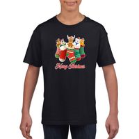 Kerst t-shirt Merry Christmas dieren kerstsokken zwart kids - thumbnail