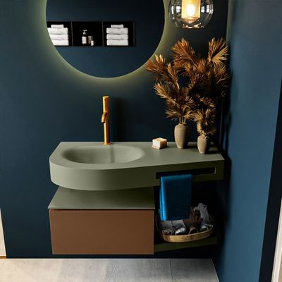 MONDIAZ RIVA 100cm badmeubel onderkast / planchet kleur Rust met 1 lade. Wastafel DULCET links 1 kraangat kleur Army.