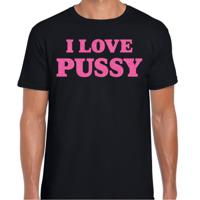 Foute party t-shirt heren - I love Pussy - zwart - glitter roze - carnaval/themafeest