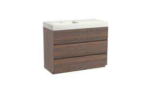 Storke Edge staand badmeubel 110 x 52 cm notenhout met Mata High asymmetrisch linkse wastafel in solid surface mat wit