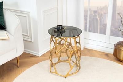 Handgemaakte bijzettafel LIQUID GEOMETRY 50cm goud rond metaal zwart glas - 44857