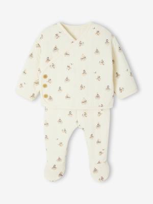 Gewatteerde set vest + broek met voetjes volledig bedrukt ecru