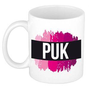 Puk naam / voornaam kado beker / mok roze verfstrepen - Gepersonaliseerde mok met naam - Naam mokken