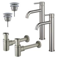 Fortifura Calvi Wastafelkraanset - voor dubbele wastafel - verhoogde wastafelkraan - always open plug - verlaagde design sifon - Geborsteld RVS PVD (RVS) 2x SW377857/2x SW696207/2x SW696217