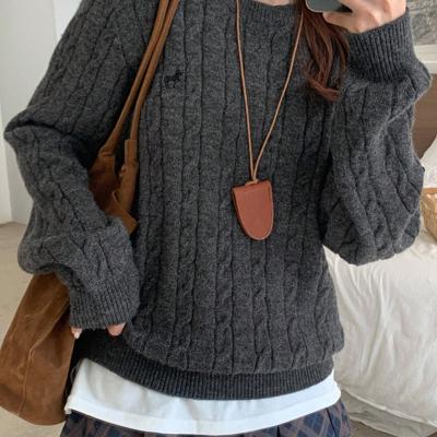 Bon&Bon Women's Navy Blue Polo Collar Cable-Knit Embroidered Sweater Dark Grey / XL