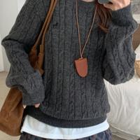 Bon&Bon Women's Navy Blue Polo Collar Cable-Knit Embroidered Sweater Dark Grey / XL