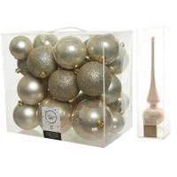 Kerstversiering kunststof kerstballen met piek parel/champagne 6-8-10 cm pakket van 27x stuks - Kerstbal - thumbnail