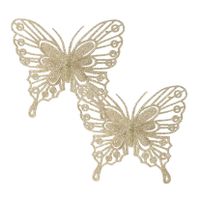 Decoratie vlinders op clip - 2x - champagne - 13 cm - glitter