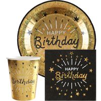 Verjaardag feest bekertjes/bordjes en servetten happy birthday - 60x - goud - thumbnail