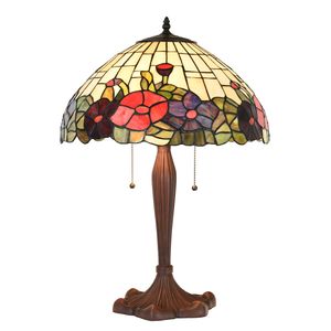 LumiLamp Tiffany Tafellamp Ø 42x60 cm Beige Rood Glas Kunststof Rond Bloemen Tiffany Bureaulamp Beige Tiffany