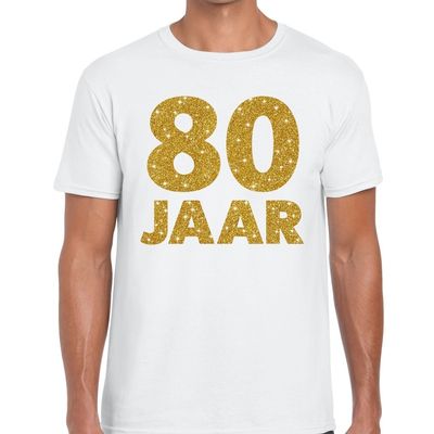 80 jaar goud glitter verjaardag/jubileum kado shirt wit heren