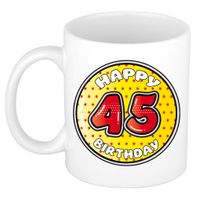 Verjaardag cadeau mok - 45 jaar - geel - sterretjes - 300 ml - keramiek