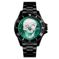 SKMEI 9195 mode water-ingelegde boor schedel nachtlampje waterdichte quartz horloge stalen strip horloge voor mannen (zwart groen)