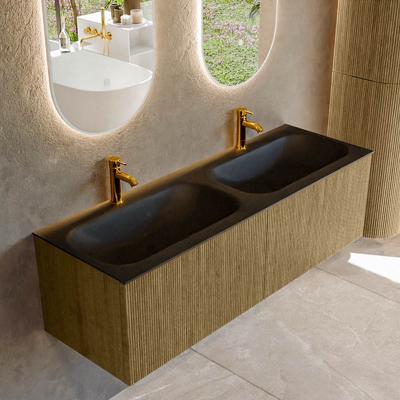 Badmeubel Mondiaz Kurve | 140 cm cm | Meubelkleur Dusk | Wastafelkleur Urban | Solid surface | Wasbak beiden zijden spoelbak | 2 kraangaten