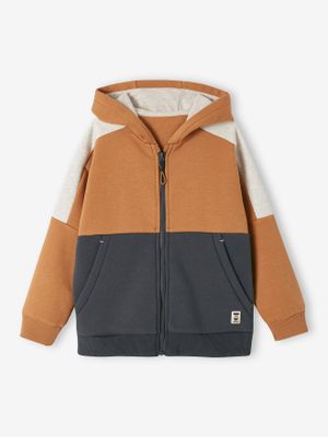 Sportieve sweater met rits en capuchon, colourblock effect, jongens okergeel