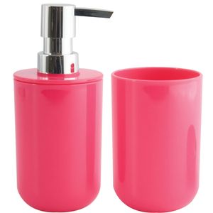 MSV Zeeppompje en drink/tandenborstel beker - badkamer set Porto - kunststof - fuchsia roze - Badkameraccessoireset