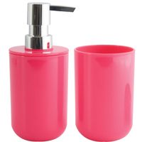 MSV Zeeppompje en drink/tandenborstel beker - badkamer set Porto - kunststof - fuchsia roze - Badkameraccessoireset