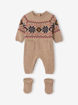 2-delige babyset met tricot babypakje + sokken in thema Kerst gemêleerd beige