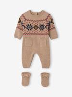 2-delige babyset met tricot babypakje + sokken in thema Kerst gemêleerd beige