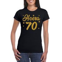 Hoera 70 jaar verjaardag cadeau t-shirt goud glitter op zwart dames - thumbnail