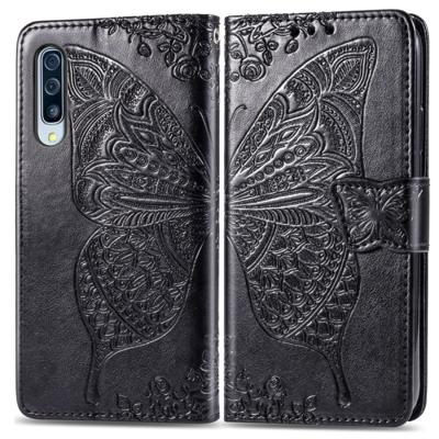 Butterfly Love bloemen reliëf horizontale Flip lederen case voor Galaxy A70 met houder & kaartsleuven & portemonnee & Lanyard (zwart)