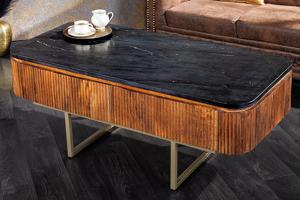 Design salontafel GATSBY 110cm massief mangohout marmeren blad retro met lades goud - 43338