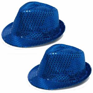 Trilby hoed met pailletten - 2x - blauw - polyester - glitter