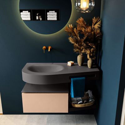 MONDIAZ RIVA 100cm badmeubel onderkast / planchet kleur Rosee met 1 lade. Wastafel DULCET links 0 kraangaten kleur Dark_Grey. MONDIAZ RIVA 100cm badmeubel onderkast / planchet kleur Rosee met 1 lade. Wastafel DULCET links 0 kraangaten kleur Dark_Grey.