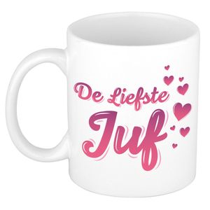 De liefste juf kado mok / beker wit met roze hartjes - verjaardagscadeau