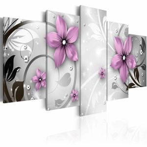 Schilderij - Brutale bloemen, 5 luik, Grijs/Paars, 2 maten, Premium print
