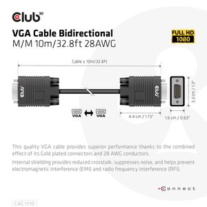 club3D CAC-1710 VGA-kabel VGA Aansluitkabel VGA-stekker 15-polig, VGA-stekker 15-polig 10.00 m Zwart Schroefbaar, Vergulde steekcontacten