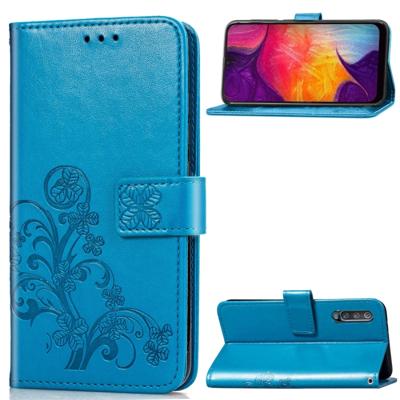Lucky Clover ingedrukt bloemen patroon lederen draagtas voor Galaxy A50 met houder & kaartsleuven & portemonnee & hand strap (blauw)