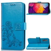 Lucky Clover ingedrukt bloemen patroon lederen draagtas voor Galaxy A50 met houder & kaartsleuven & portemonnee & hand strap (blauw)