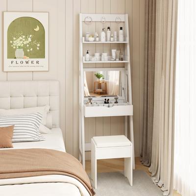 Make-up Set met Haken/Rek/Breed Bureaublad Kaptafel met Opklapbare Spiegel en Krukje Wit 61,5 x 40 x 180cm