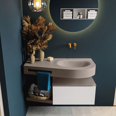 MONDIAZ RIVA 100cm badmeubel onderkast / planchet kleur Talc met 1 lade. Wastafel DULCET rechts 0 kraangaten kleur Smoke. MONDIAZ RIVA 100cm badmeubel onderkast / planchet kleur Talc met 1 lade. Wastafel DULCET rechts 0 kraangaten kleur Smoke.