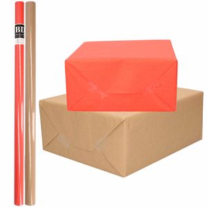 4x Rollen kraft inpakpapier/kaftpapier pakket bruin/rood 200 x 70 cm - Cadeaupapier