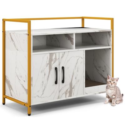 Kattenkast Kattenbak met Dubbele Deuren & Krabmat Kattenhuis met Open Plank & 2 Vakken Wit-Marmer