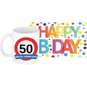 Verjaardag cadeau mok/beker 50 jaar print 300 ml + A5-size wenskaart Happy Birthday