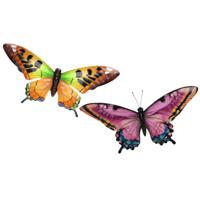 Wanddecoratie vlinders - 2x stuks - oranje en roze - 49 x 34 cm - metaal - muurdecoratie tuin