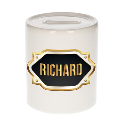 Spaarpot met voornaam Richard - wit - goud/zwart embleem - 8 x 9 cm - keramiek - afsluitdop