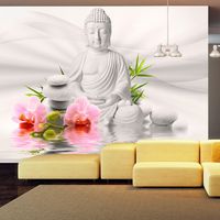 Zelfklevend fotobehang - Boeddha en roze orchideeën, 8 maten, premium print - thumbnail