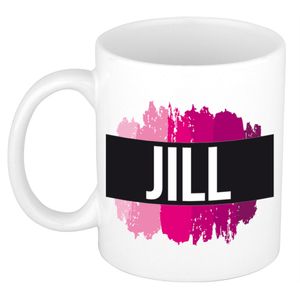 Naam cadeau mok / beker Jill met roze verfstrepen 300 ml