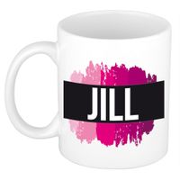 Naam cadeau mok / beker Jill  met roze verfstrepen 300 ml   -