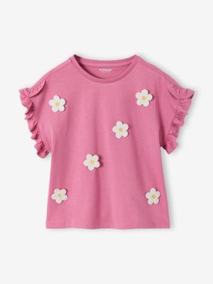 T-shirt voor meisjes met romantisch motief, korte mouwen met ruches rozen
