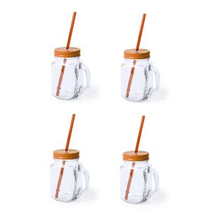 4x stuks glazen Mason Jar drinkbekers oranje dop/rietje 500 ml