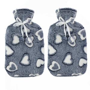 Warmwaterkruiken 2 liter met zachte fleece hoes grijs/hartjes 2x stuks