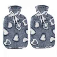 Warmwaterkruiken 2 liter met zachte fleece hoes grijs/hartjes 2x stuks