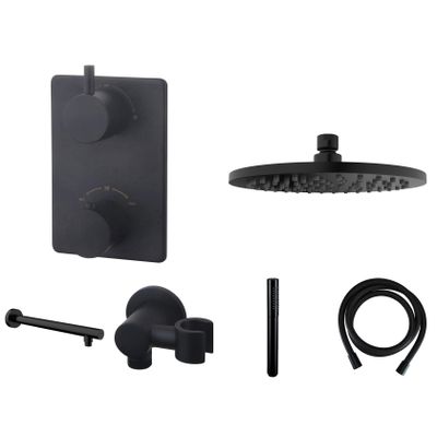 Regendouche set Wiesbaden Black | Inbouw | Thermostaatkraan | 2-weg | Rond | Zwart mat