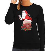 Foute Kersttrui/sweater voor dames - Merry Shitmas - zwart - kerstman op de WC