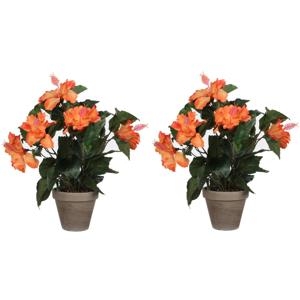 Kunstplant Hibiscus - 2x stuks - oranje - H40 x D30 cm - grijze pot - nepplant